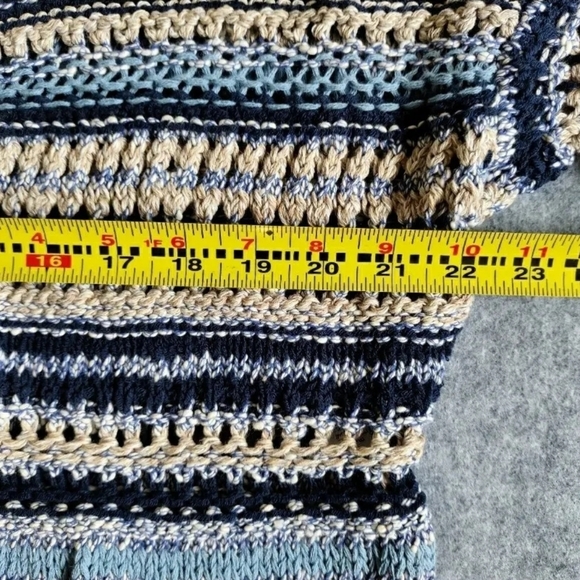 Benetton Womans Blue Knit Crochet Cut Out Striped Open Cardigan Sweater M NWT - Picture 13 of 14